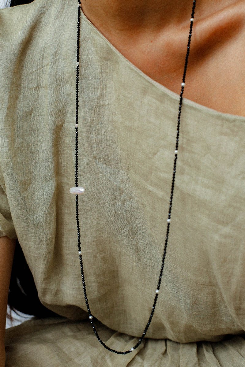 Natural Pearl & Black Spinel Beaded Long Necklace 925 Silver Accent - floysun
