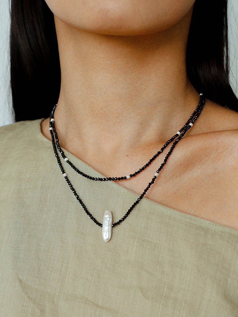 Natural Pearl & Black Spinel Beaded Long Necklace 925 Silver Accent - floysun