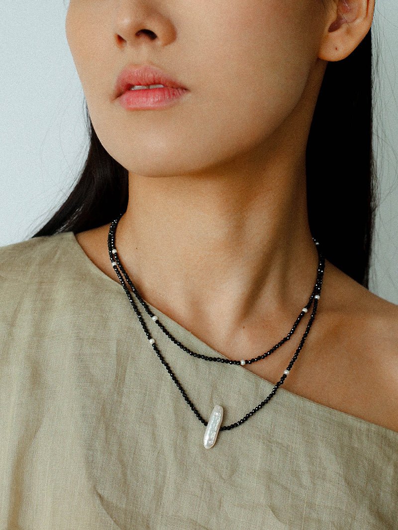 Natural Pearl & Black Spinel Beaded Long Necklace 925 Silver Accent - floysun