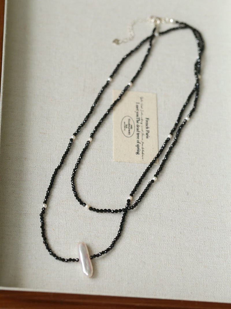 Natural Pearl & Black Spinel Beaded Long Necklace 925 Silver Accent - floysun