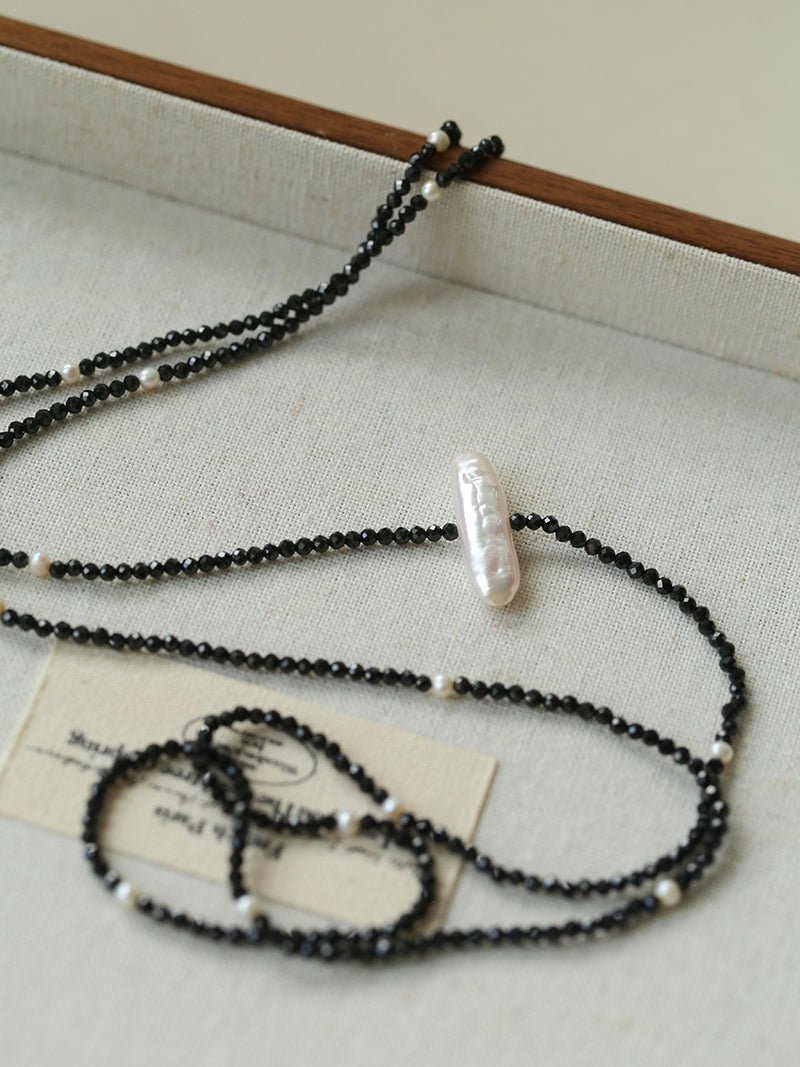 Natural Pearl & Black Spinel Beaded Long Necklace 925 Silver Accent - floysun