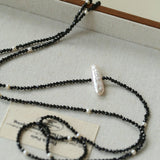 Natural Pearl & Black Spinel Beaded Long Necklace 925 Silver Accent - floysun