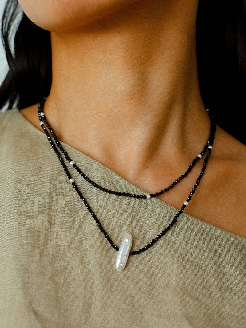 Natural Pearl & Black Spinel Beaded Long Necklace 925 Silver Accent - floysun