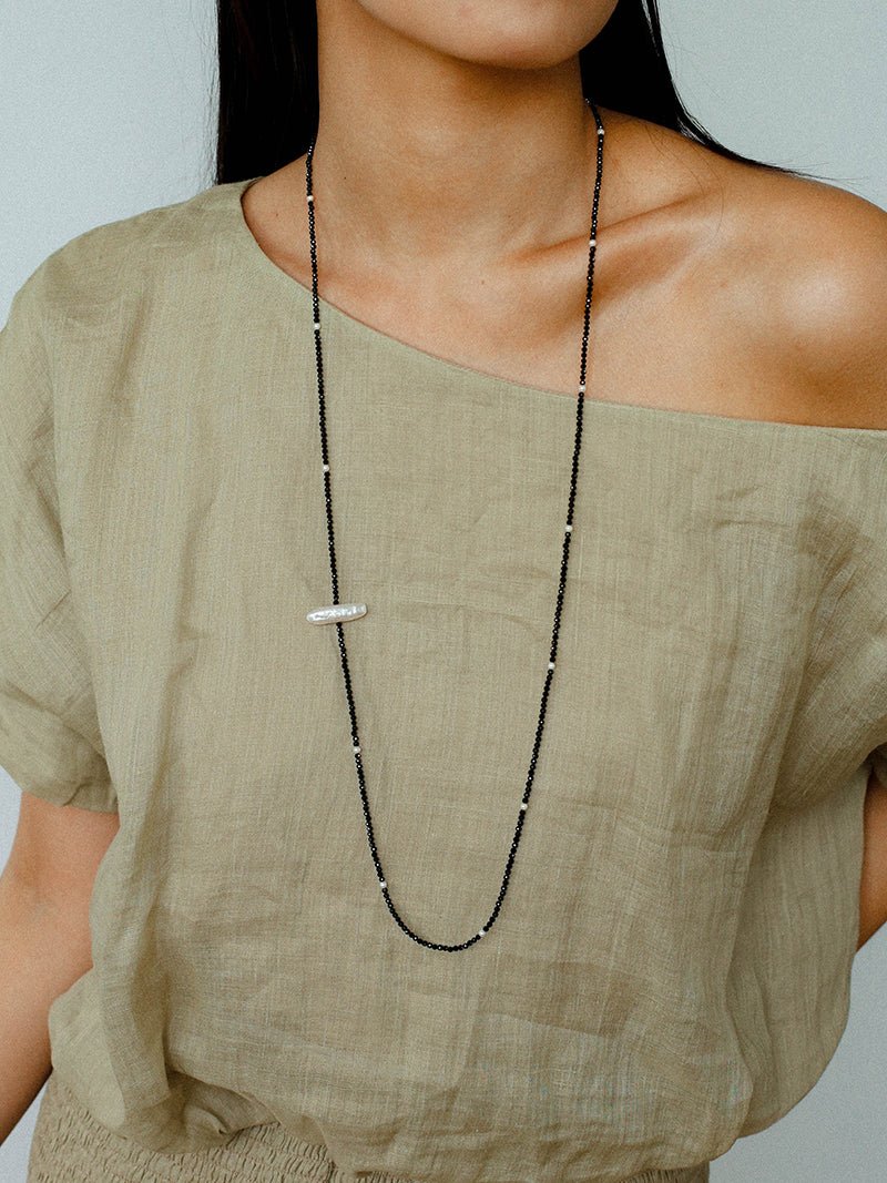 Natural Pearl & Black Spinel Beaded Long Necklace 925 Silver Accent - floysun
