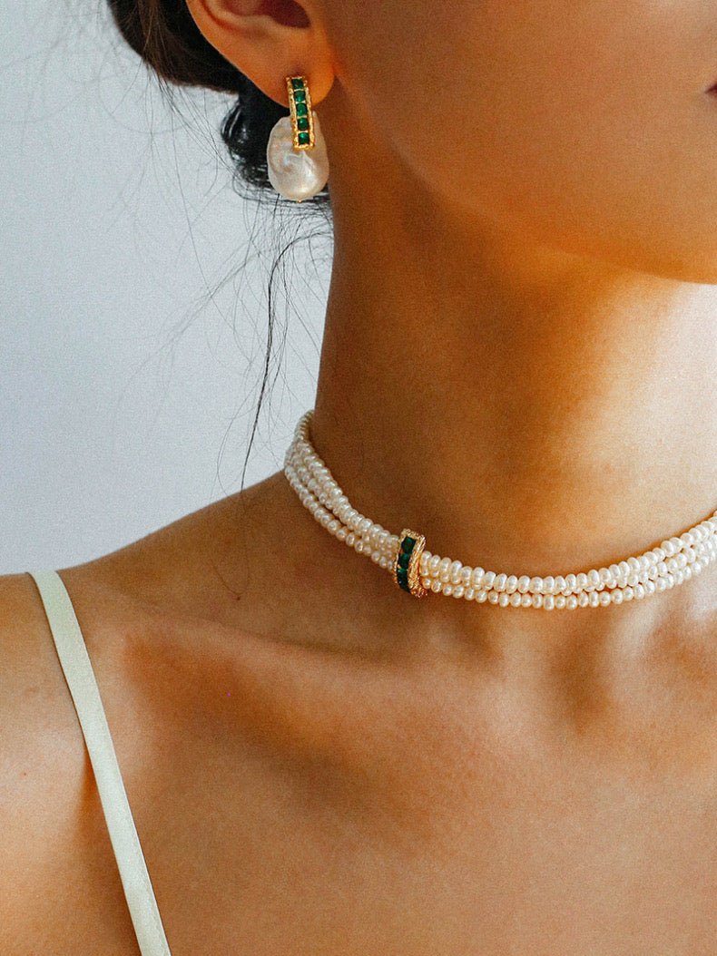 Natural Seed Pearl Multi - layer Emerald Necklace Choker - floysun
