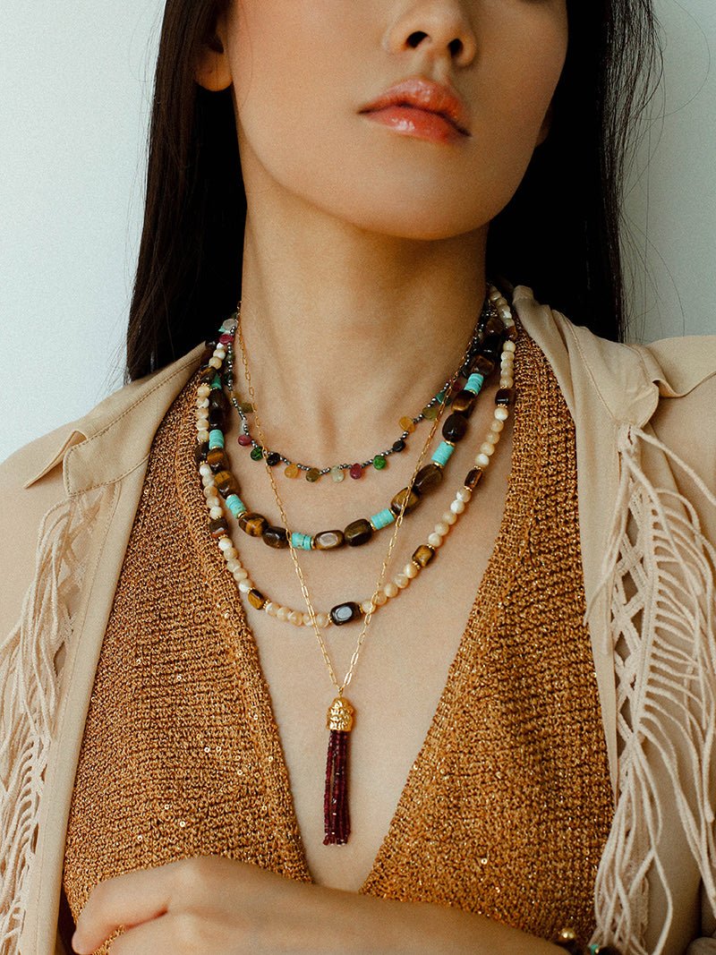 Natural Shell & Tiger Eye Stone Necklace – Earthy Boho Chic - floysun