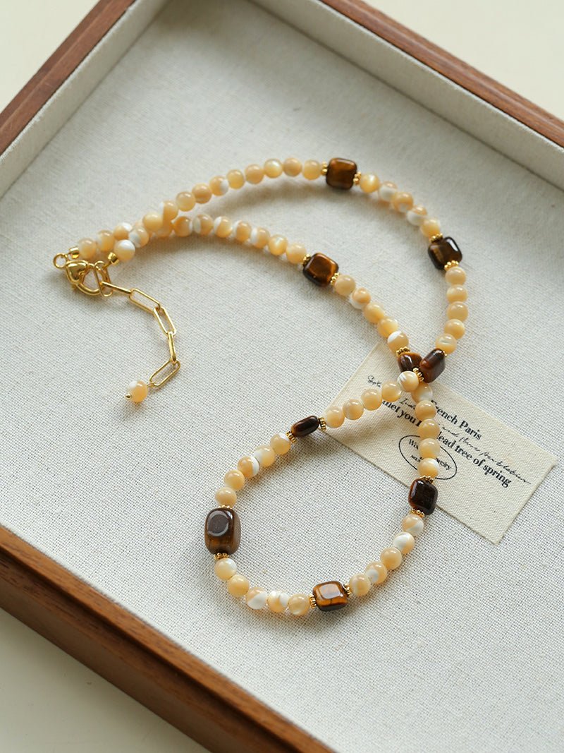 Natural Shell & Tiger Eye Stone Necklace – Earthy Boho Chic - floysun
