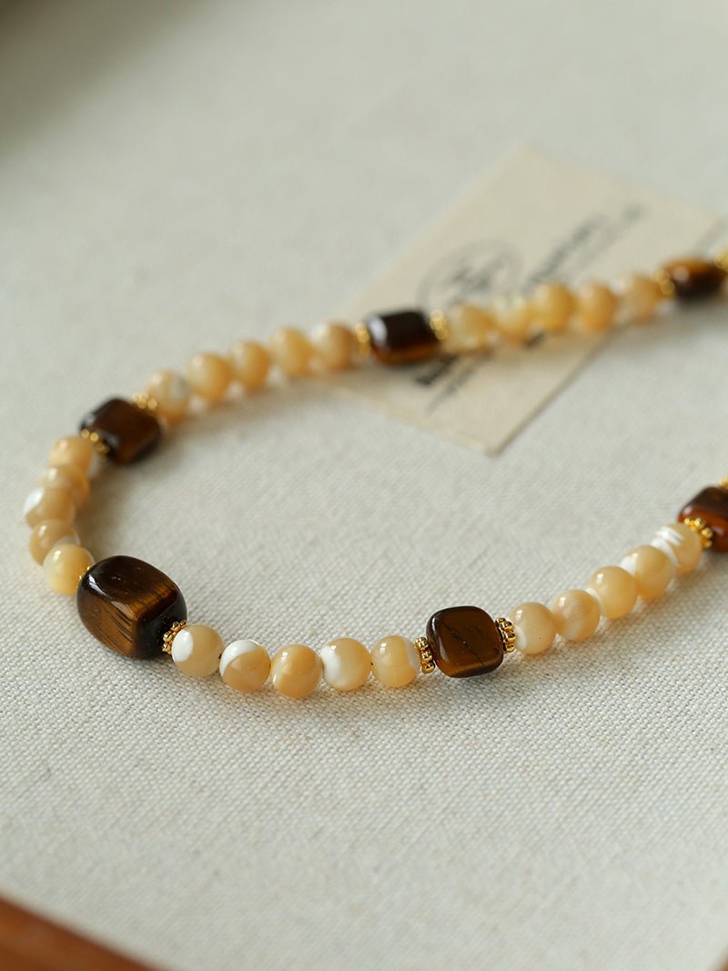Natural Shell & Tiger Eye Stone Necklace – Earthy Boho Chic - floysun