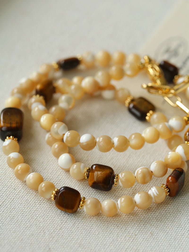 Natural Shell & Tiger Eye Stone Necklace – Earthy Boho Chic - floysun