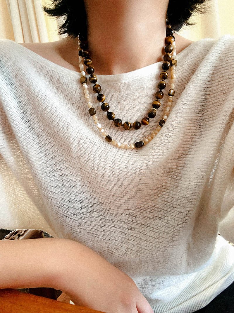 Natural Shell & Tiger Eye Stone Necklace – Earthy Boho Chic - floysun