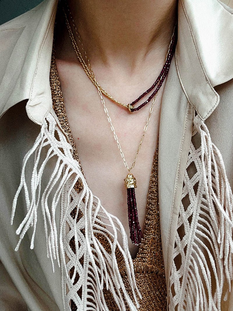 Natural Stone Tassel Necklace – Pearl, Sunstone, Australian Jade, Garnet, Moss Agate - floysun