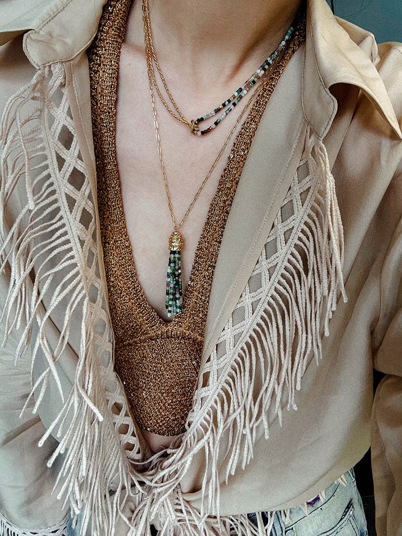 Natural Stone Tassel Necklace – Pearl, Sunstone, Australian Jade, Garnet, Moss Agate - floysun