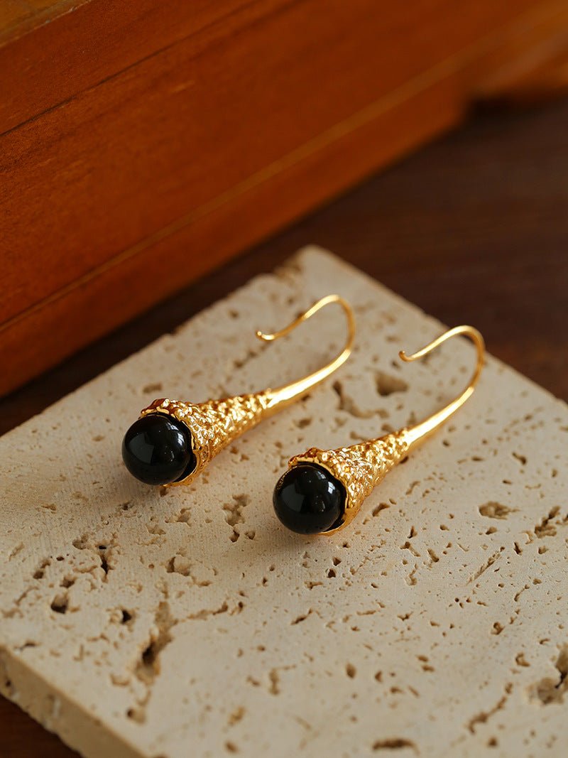 Niche Drop - shaped Agate Texture Ear Hook Earrings - Black Onyx - floysun