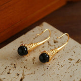 Niche Drop - shaped Agate Texture Ear Hook Earrings - Black Onyx - floysun