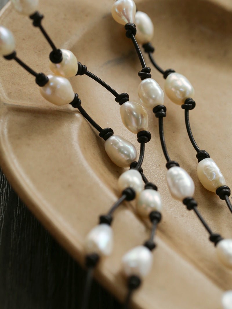 Niche Long Knotted Leather Pearl Long Necklace - floysun