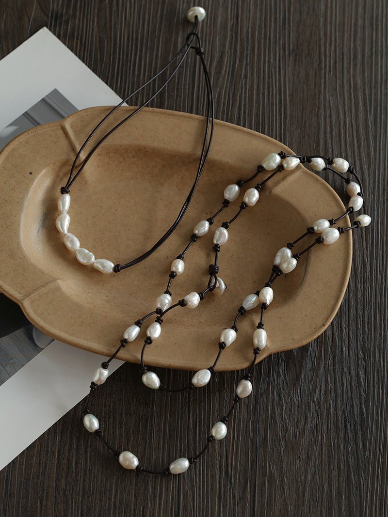 Niche Long Knotted Leather Pearl Long Necklace - floysun