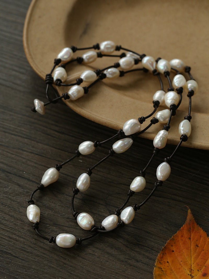 Niche Long Knotted Leather Pearl Long Necklace - floysun