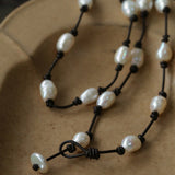 Niche Long Knotted Leather Pearl Long Necklace - floysun