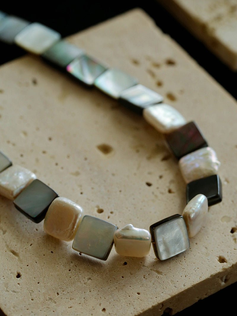 Ocean Mirage – Square Grey MOP & Baroque Pearl Beaded Necklace - floysun