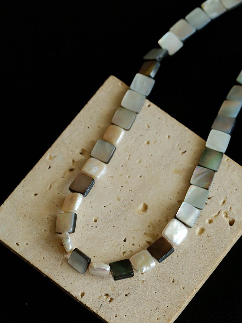Ocean Mirage – Square Grey MOP & Baroque Pearl Beaded Necklace - floysun