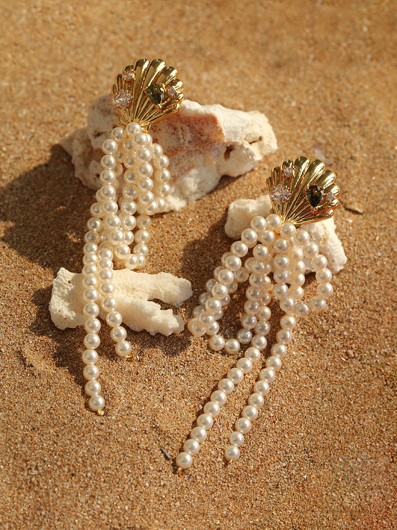 Ocean's Hidden Treasure Aquamarine Earrings Tassel Drop Design - floysun