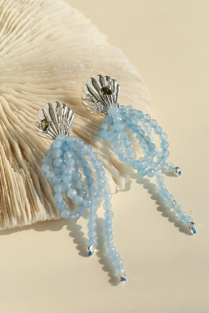 Ocean's Hidden Treasure Aquamarine Earrings Tassel Drop Design - floysun