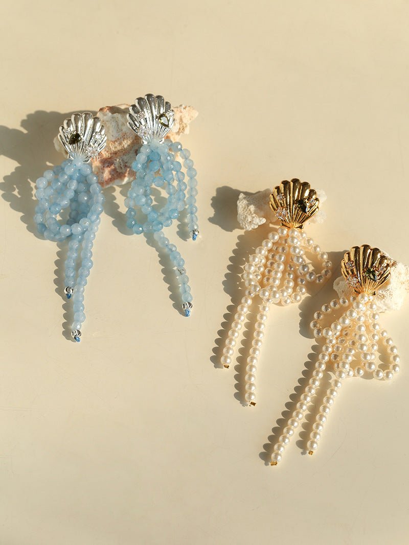 Ocean's Hidden Treasure Aquamarine Earrings Tassel Drop Design - floysun