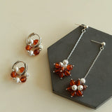 Orange Red Garnet Silver Hoops Earrings Long Drop Earrings - floysun