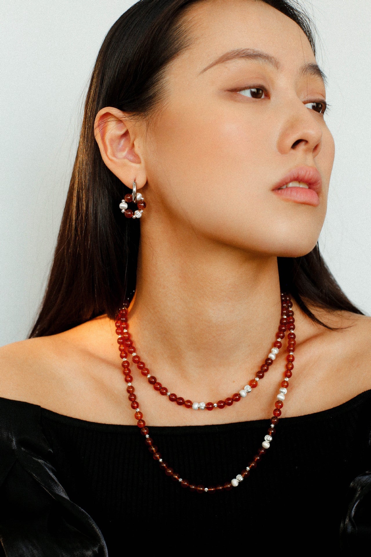 Orange Red Garnet Silver Hoops Earrings Long Drop Earrings - floysun