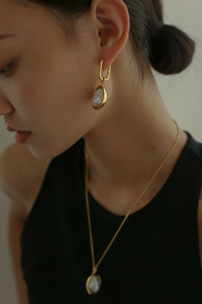Oval Drop Baroque Shaped Pearl Earrings - floysun