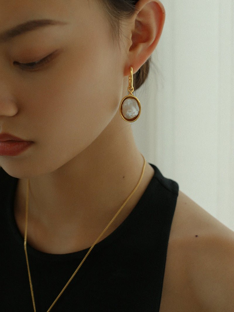Oval Drop Baroque Shaped Pearl Earrings - floysun
