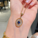 Oval Hollow Silver Petal Wrapped Sapphire Pendant Necklace - floysun