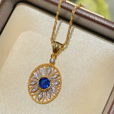 Oval Hollow Silver Petal Wrapped Sapphire Pendant Necklace - floysun