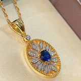 Oval Hollow Silver Petal Wrapped Sapphire Pendant Necklace - floysun
