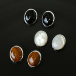 Oval Stud Earrings: White Mother - of - Pearl, Black Onyx, Wood Grain Stone - floysun