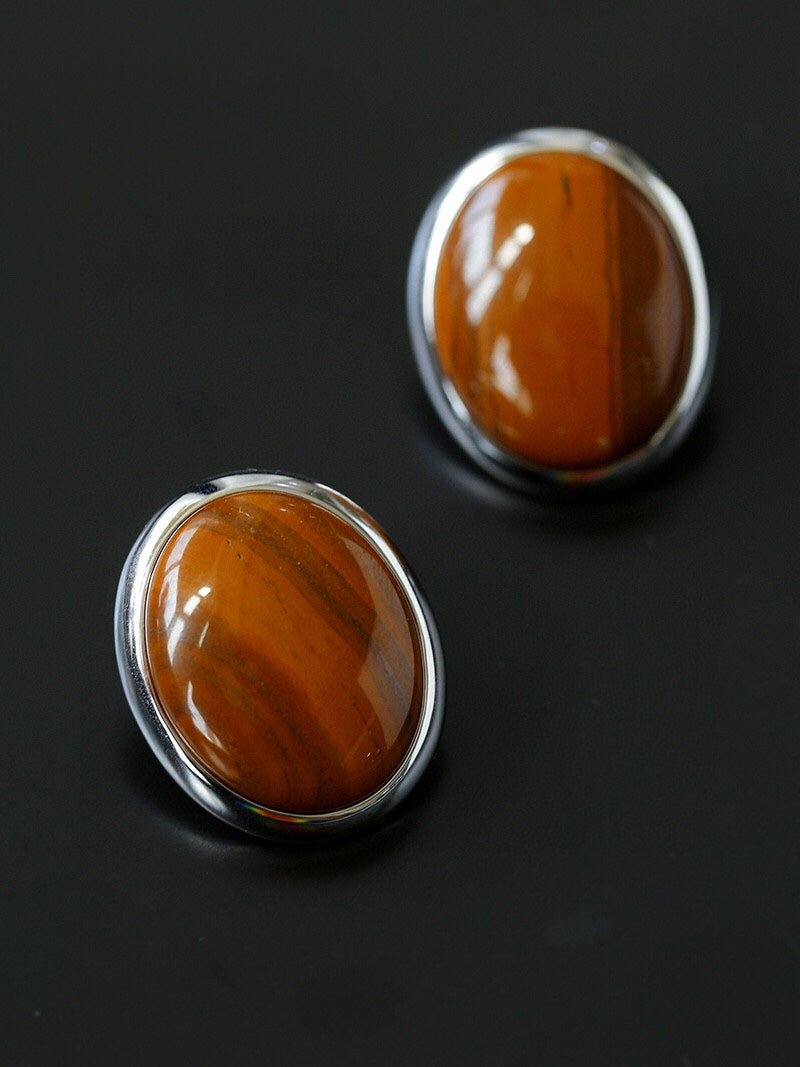 Oval Stud Earrings: White Mother - of - Pearl, Black Onyx, Wood Grain Stone - floysun