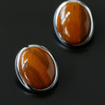 Oval Stud Earrings: White Mother - of - Pearl, Black Onyx, Wood Grain Stone - floysun