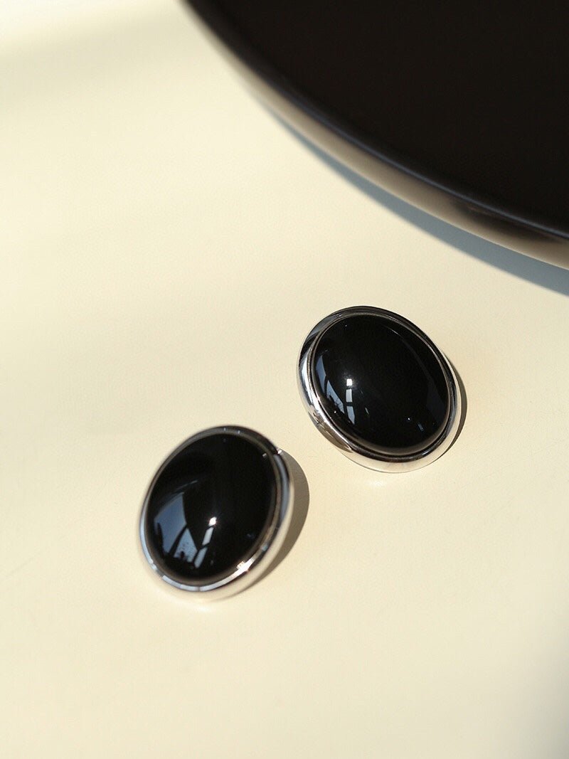 Oval Stud Earrings: White Mother - of - Pearl, Black Onyx, Wood Grain Stone - floysun