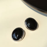 Oval Stud Earrings: White Mother - of - Pearl, Black Onyx, Wood Grain Stone - floysun