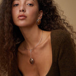 Oval Stud Earrings: White Mother - of - Pearl, Black Onyx, Wood Grain Stone - floysun