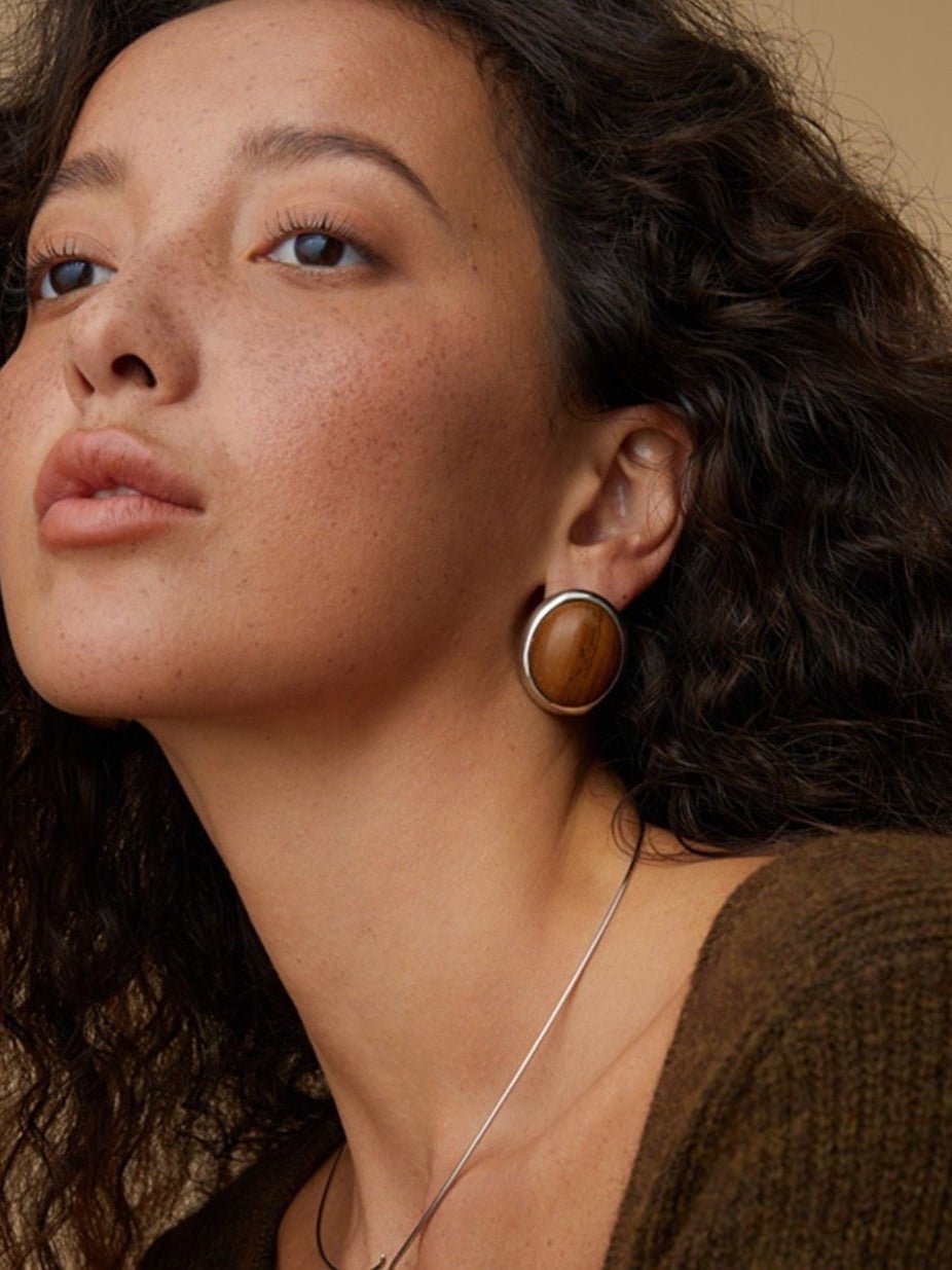 Oval Stud Earrings: White Mother - of - Pearl, Black Onyx, Wood Grain Stone - floysun