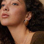 Oval Stud Earrings: White Mother - of - Pearl, Black Onyx, Wood Grain Stone - floysun