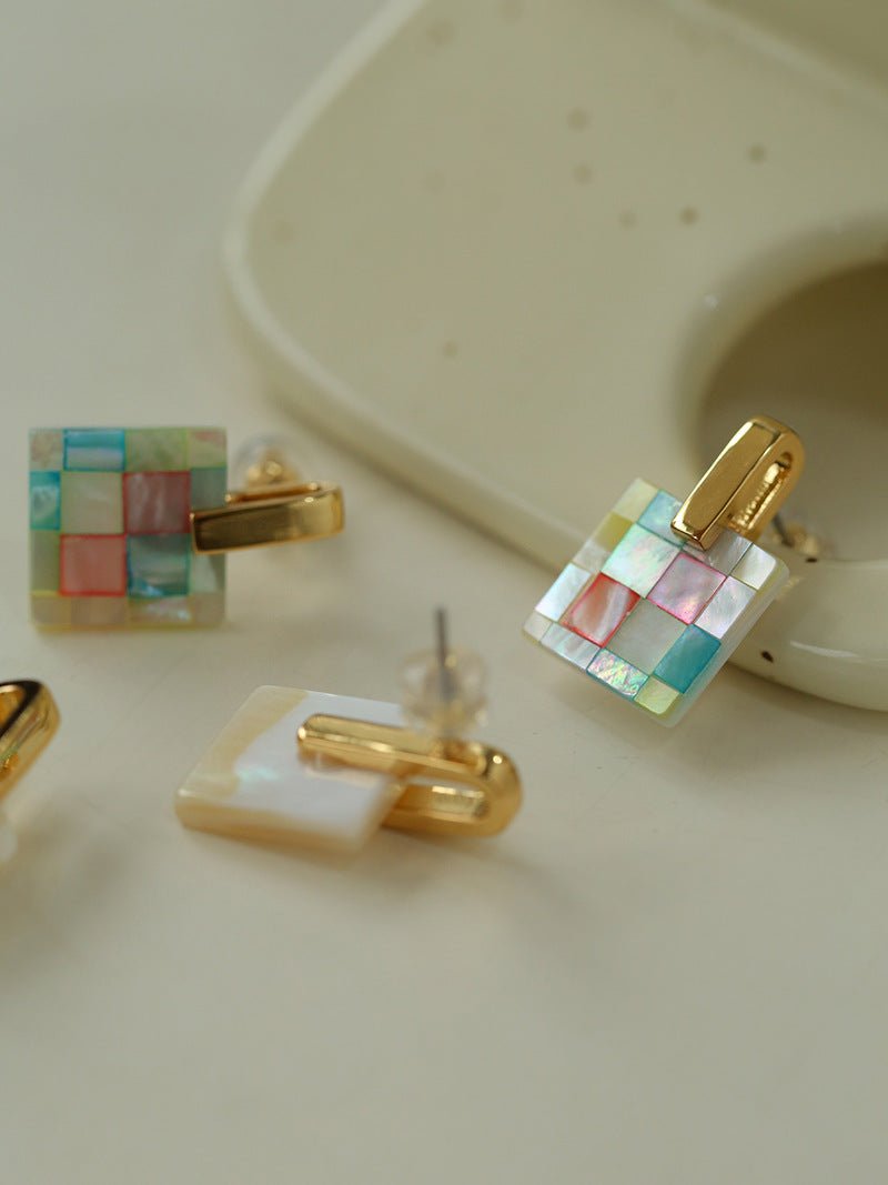Patchwork Mother-of-Pearl Checkerboard Earrings - floysun
