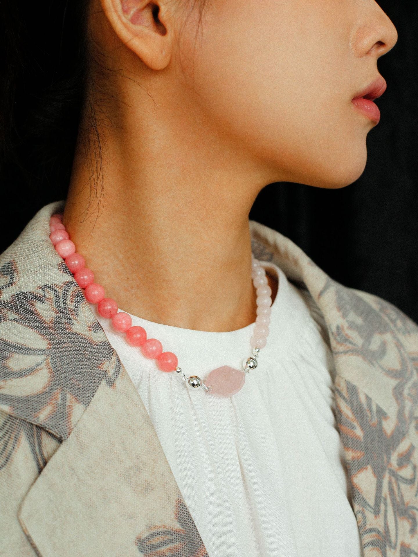 Peach Chalcedony & Rose Quartz Magnetic Convertible Beaded Necklace - floysun