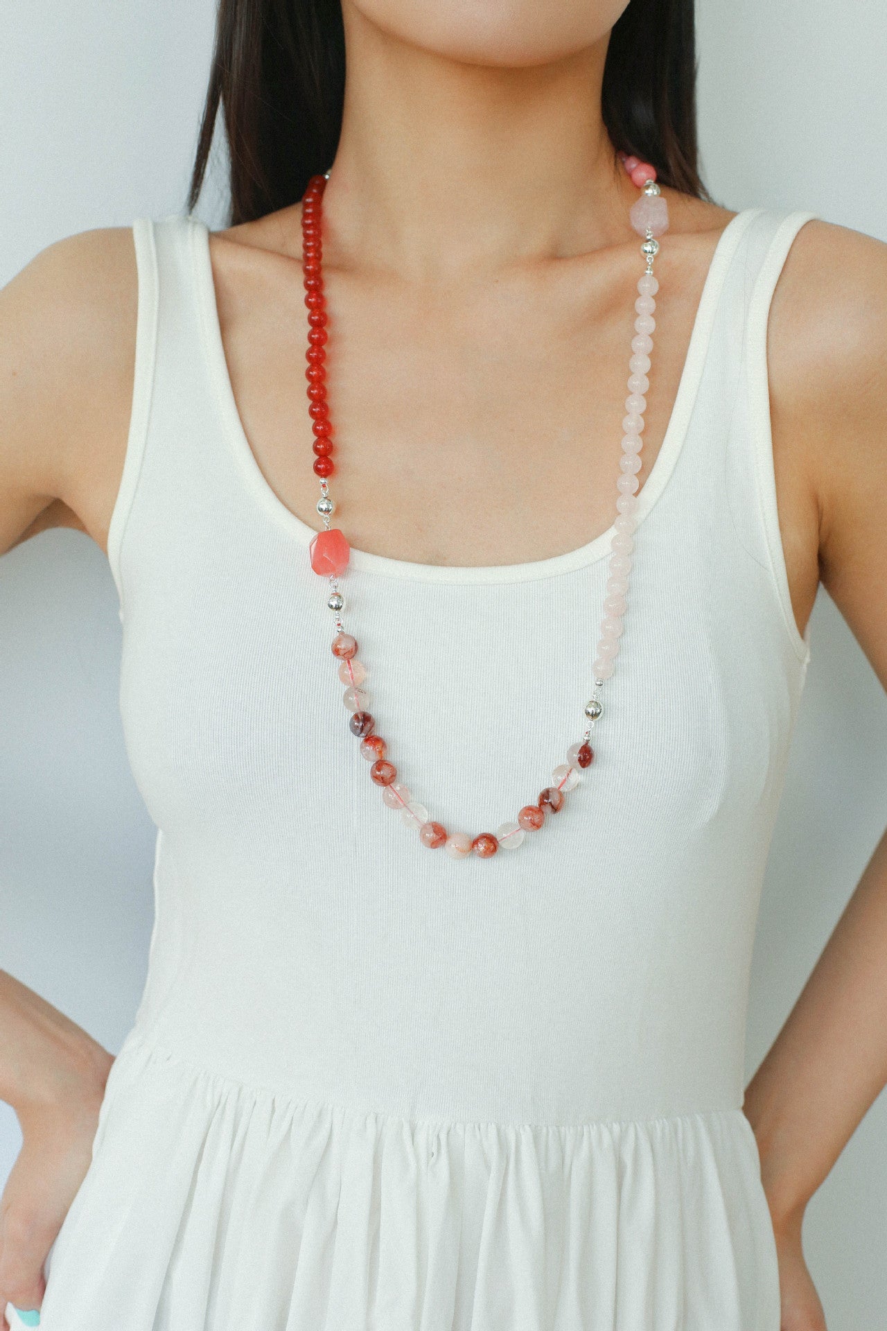 Peach Chalcedony & Rose Quartz Magnetic Convertible Beaded Necklace - floysun