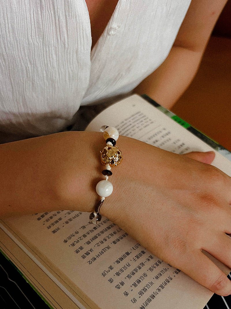 Peanut Woven Bracelet – White Crystal & Shell Beads - floysun