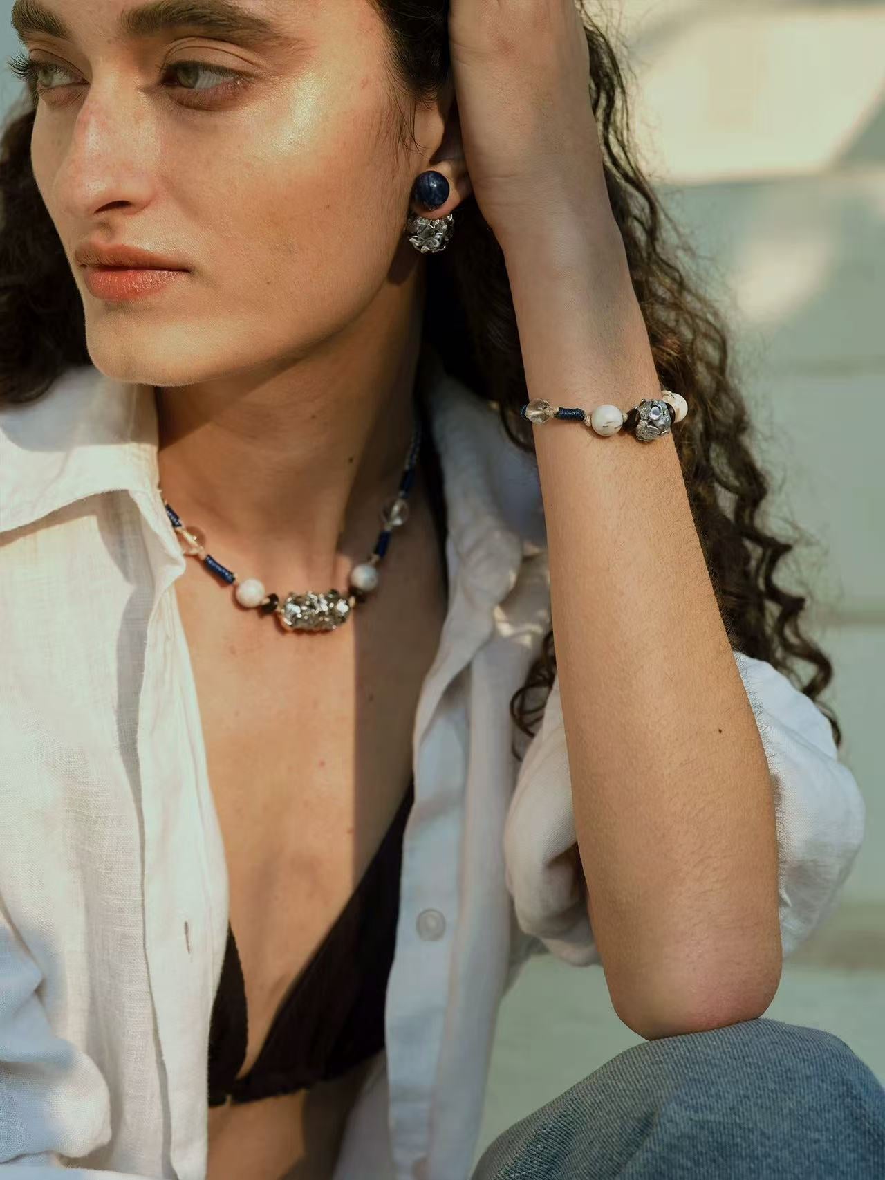 Peanut Woven Necklace – White Crystal & Shell Beads - floysun