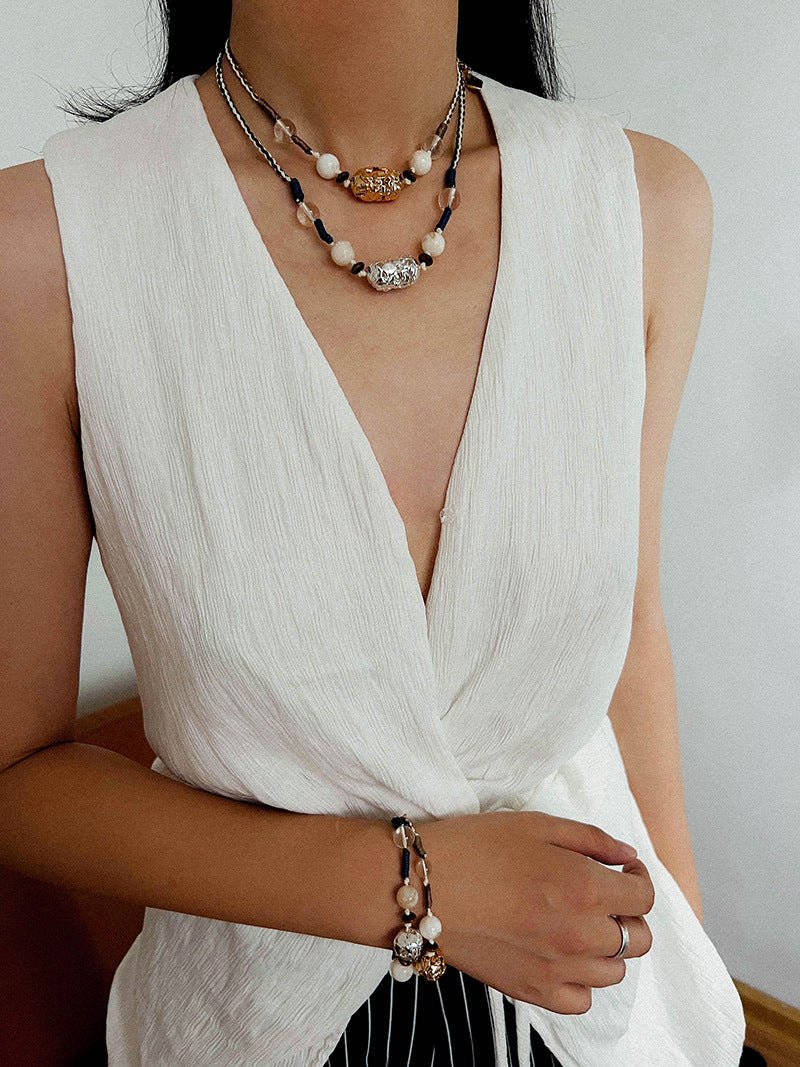 Peanut Woven Necklace – White Crystal & Shell Beads - floysun