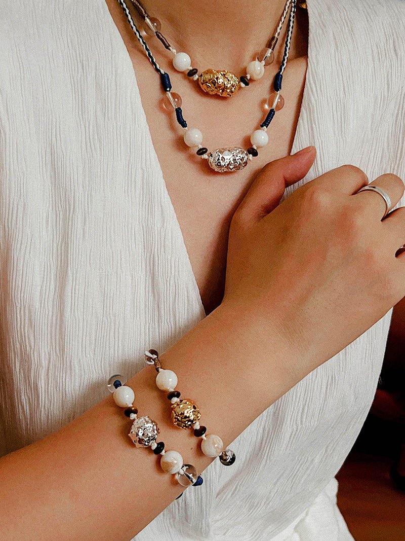 Peanut Woven Necklace – White Crystal & Shell Beads - floysun