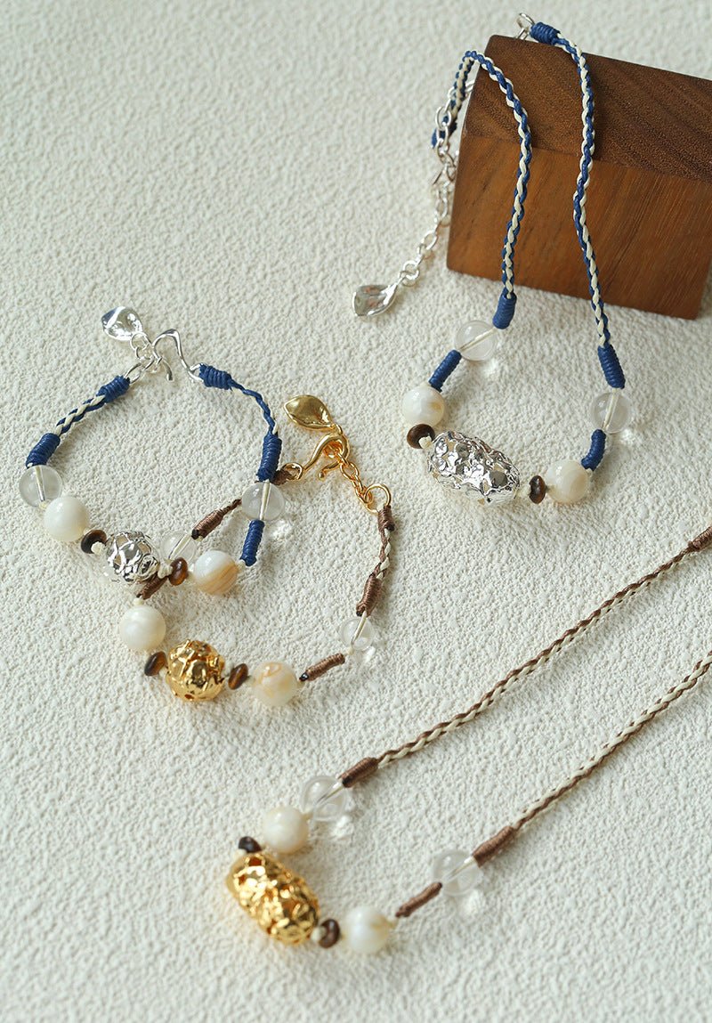 Peanut Woven Necklace – White Crystal & Shell Beads - floysun